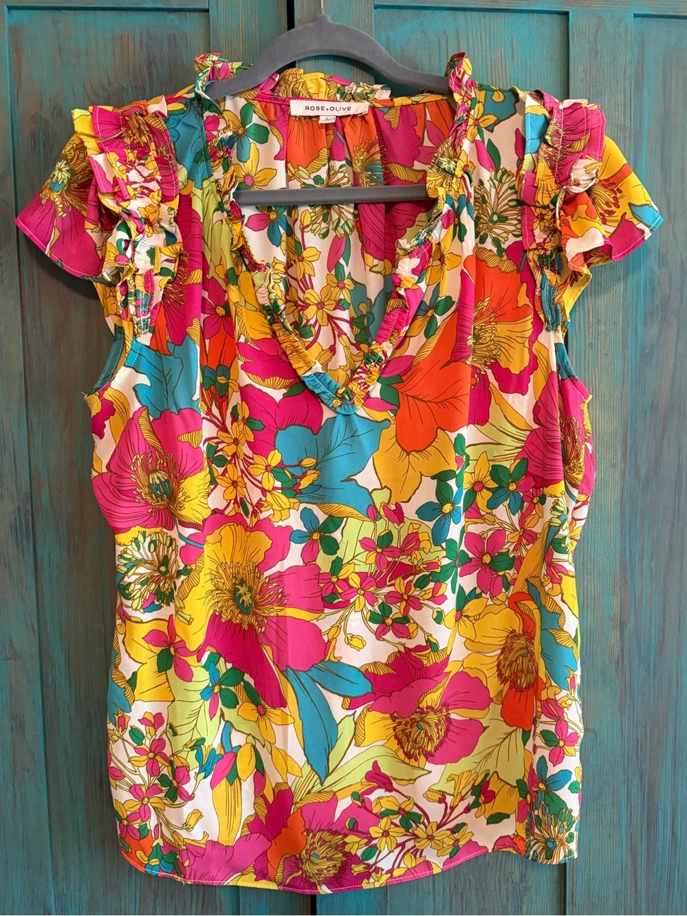 Rose & Olive Floral Ruffle Cap-Sleeve Top in Multi-Color, Large